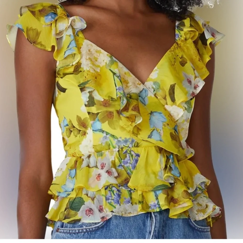 Marissa Webb Blouse Yellow Floral Ruffle Top - Picture 5 of 8